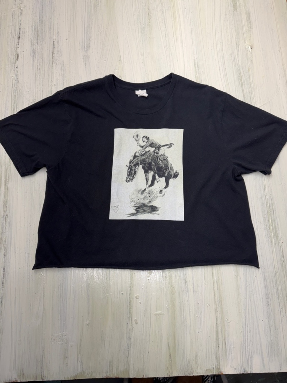 ✨ Western Graphic Cropped Tee | Bucking Horse & Cowgirl C.M. Russell Sz L✨